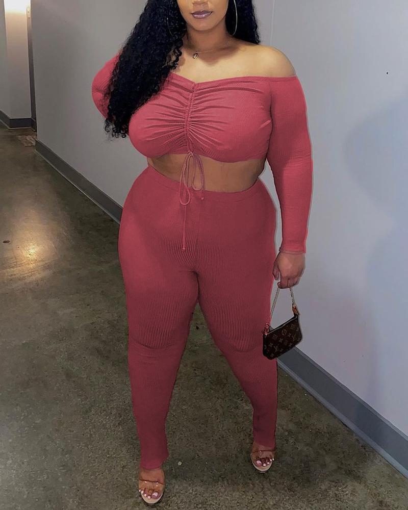 

Plus Size Ribbed Off Shoulder Drawstring Crop Top & Pants Set, Pink