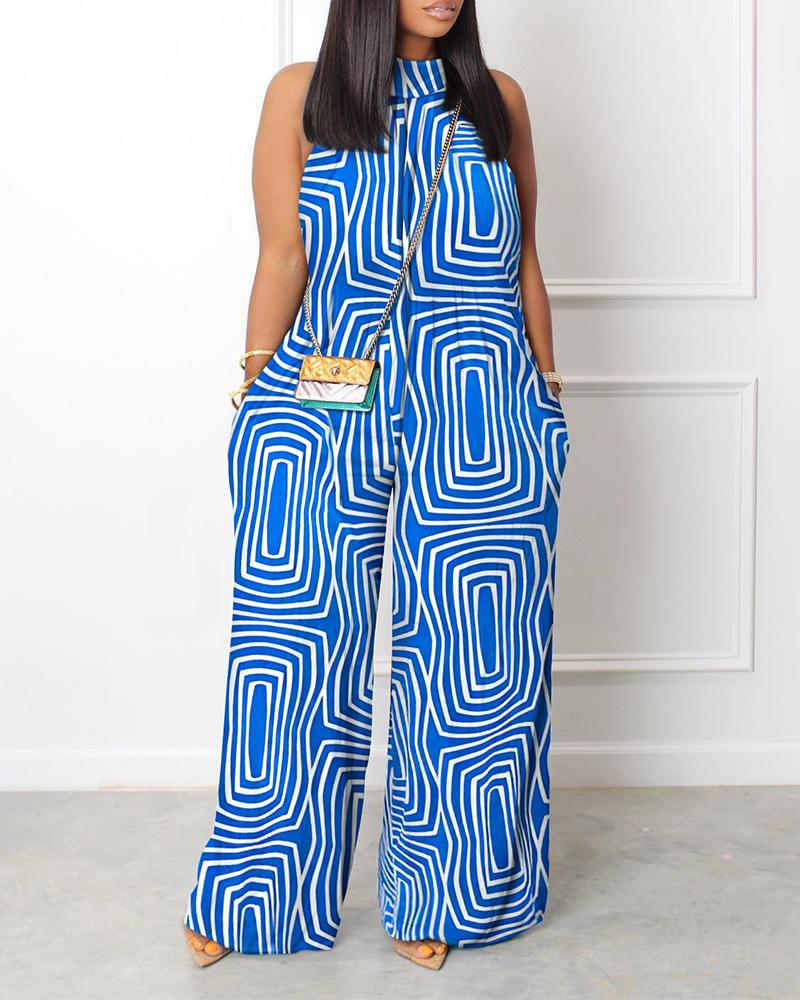 

Abstract Print Sleeveless Wide Leg Jumpsuit, Blue
