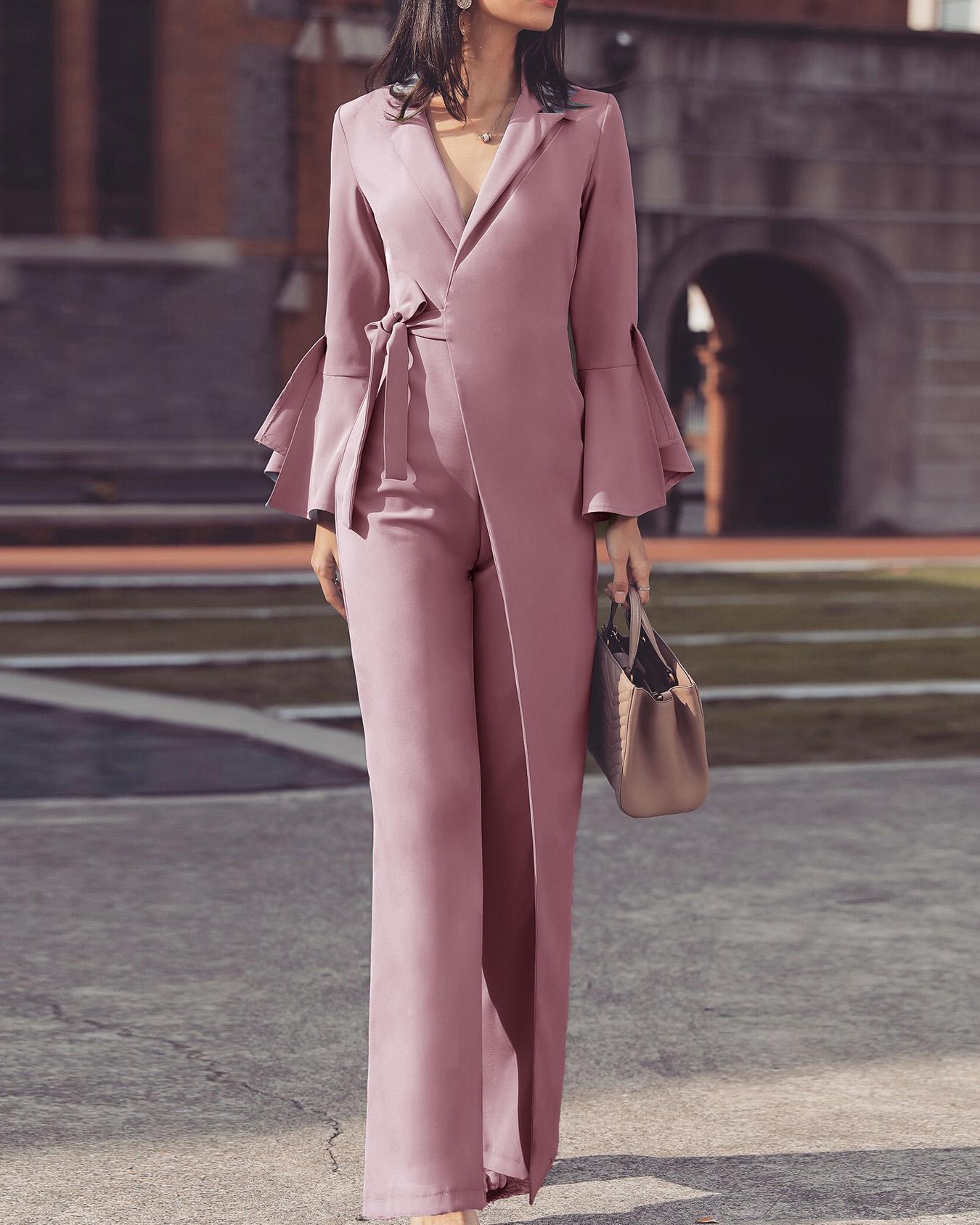 

Irregular Flared Sleeve Knot Side Wide Leg Jumpsuit, Pink