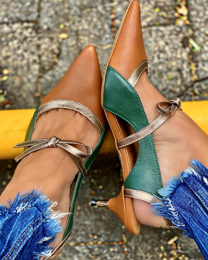 

Colorblock Pointed Toe Bowknot Decor Heels, Green
