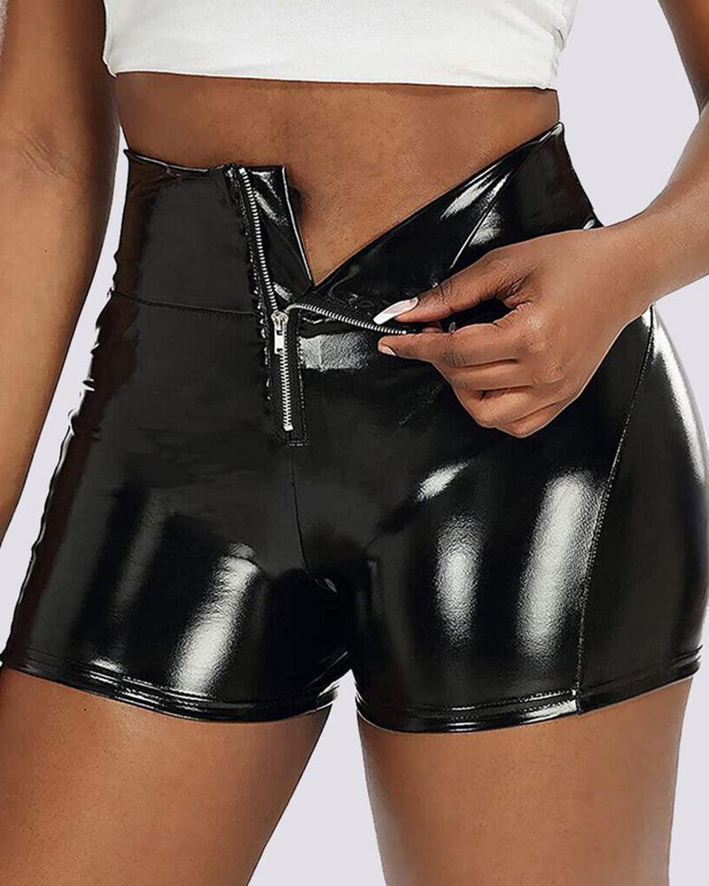 

PU Leather Zip Up High Waist Shorts, Black