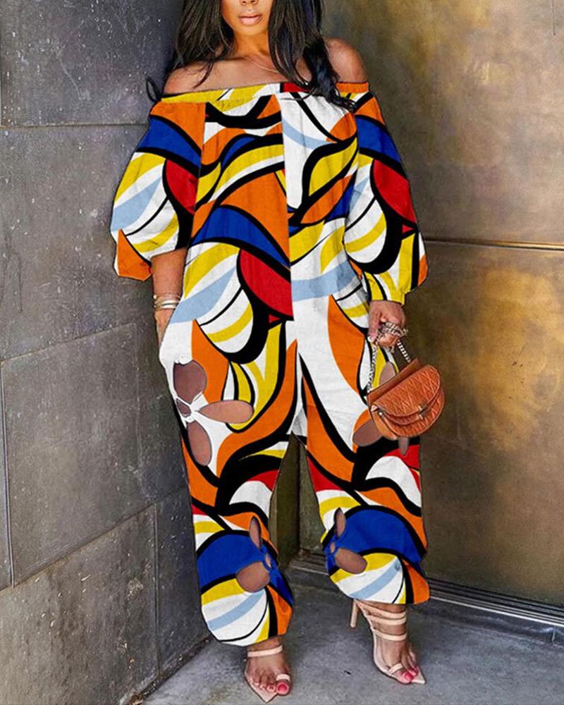 

Plus Size Allover Print Off Shoulder Cutout Jumpsuit, Orange