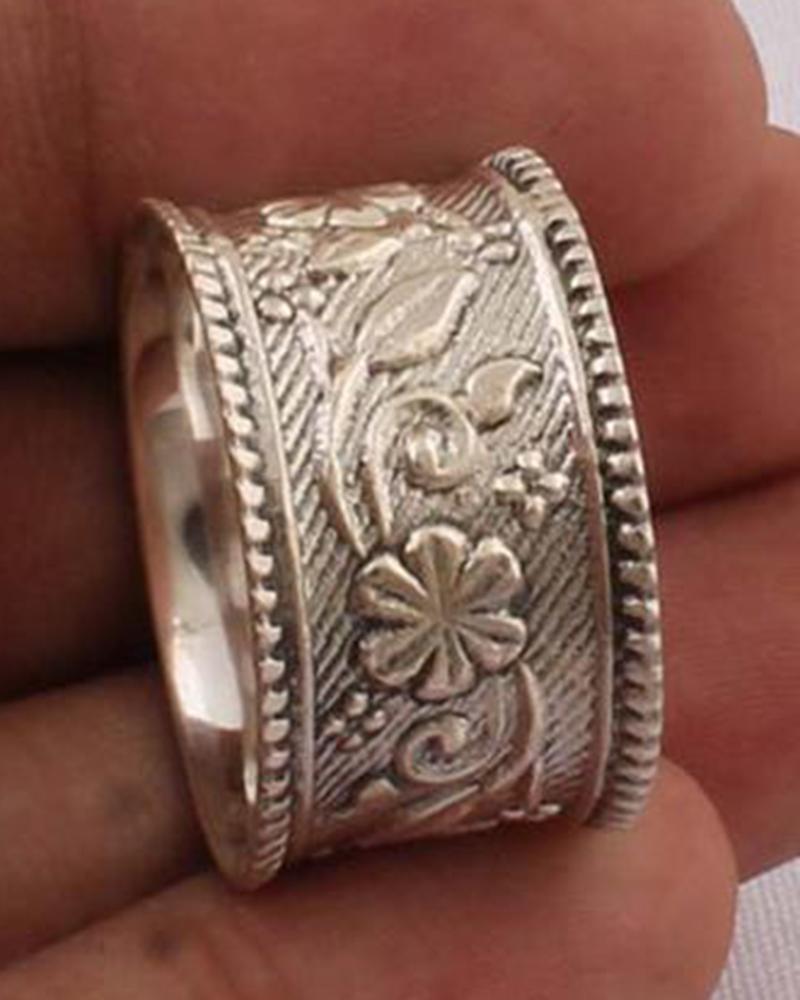 

1pc Vintage Floral Embossed Ring, Silver