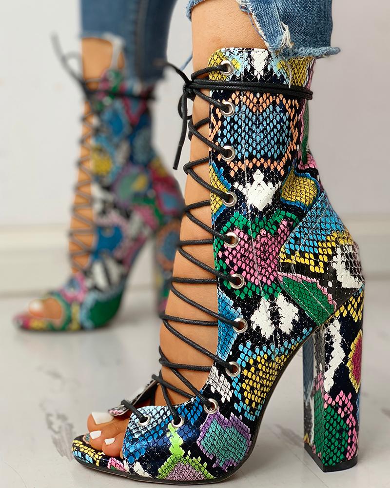 Women's Fashion Peep Toe Sandals - Stretchy Knit Chunky Heel Sandals For Casual, Party, Or Office (8cm Heel) - View #4