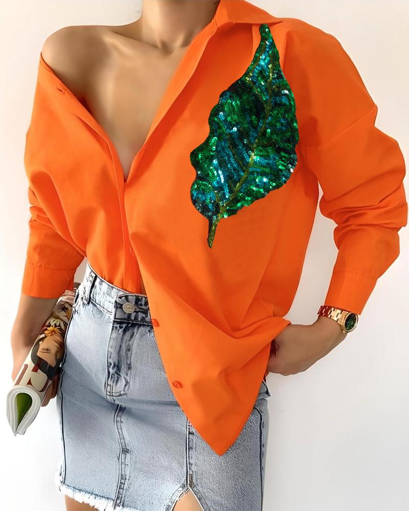

Contrast Sequin Leaf Pattern Button Down Shirt, Orange