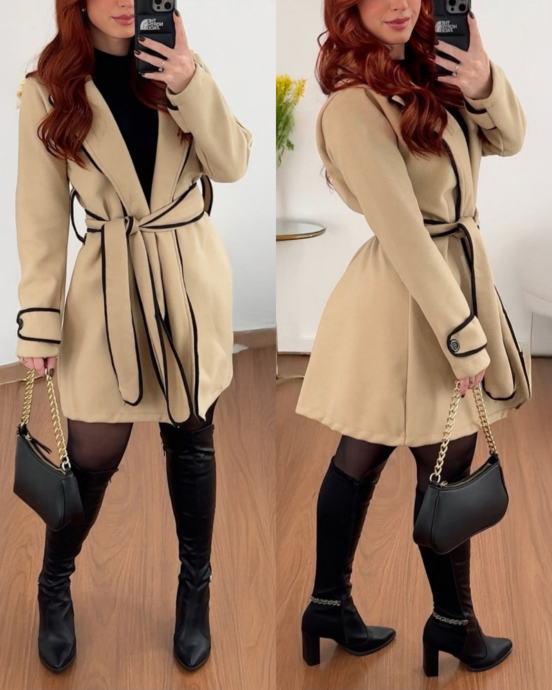 

Casaco casual com gola virada para baixo, manga comprida e detalhe de gravata, Khaki