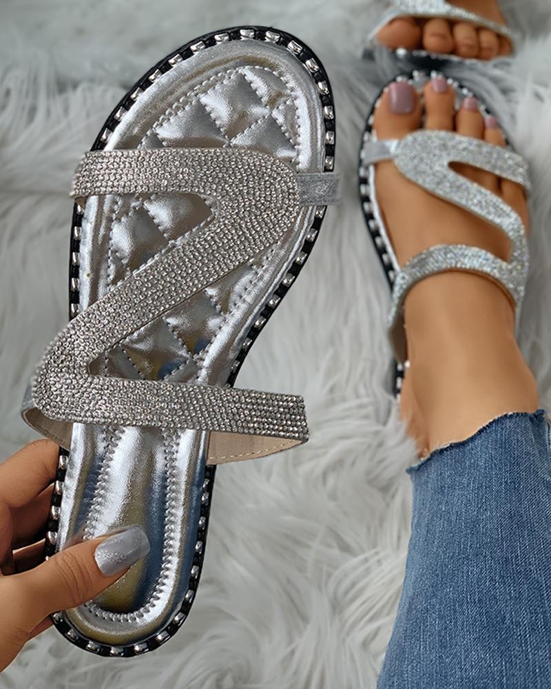 

Diamante Cutout Open Toe Flat Sliders, Silver