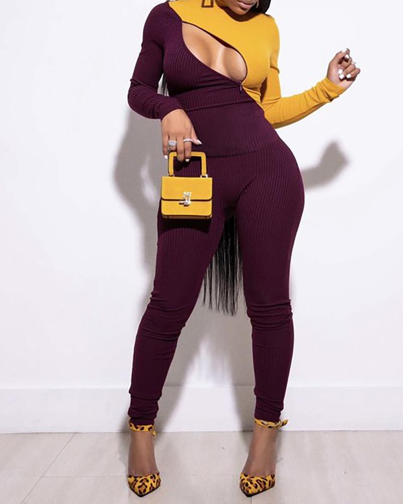 

Colorblock Zipper Design Ribbed Top & Skinny Pants Set, Wine red