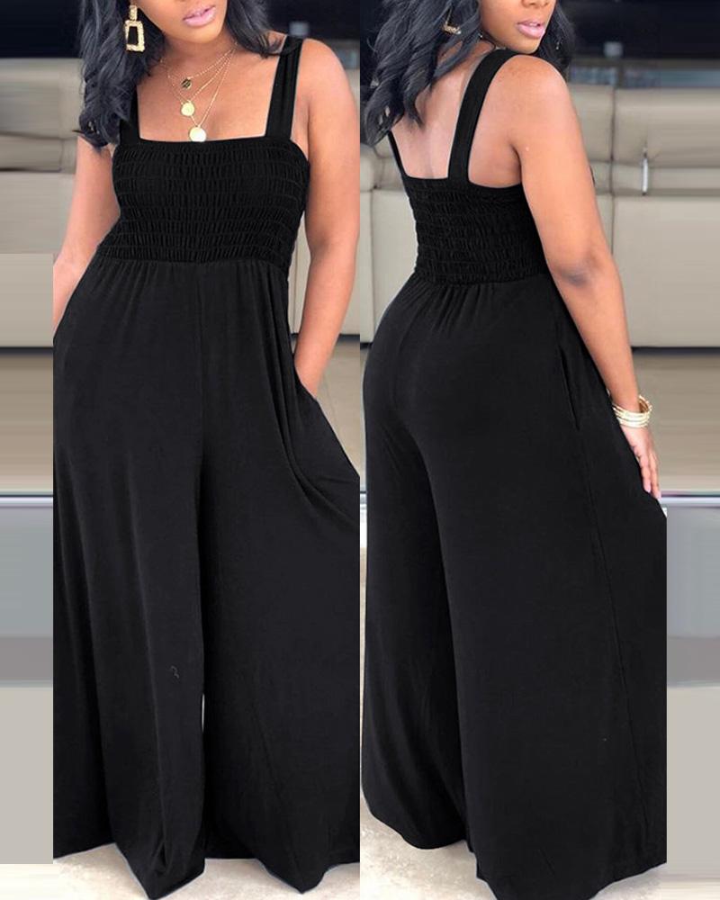 

Sleeveless Shirred Wide Leg Jumpsuit, Black