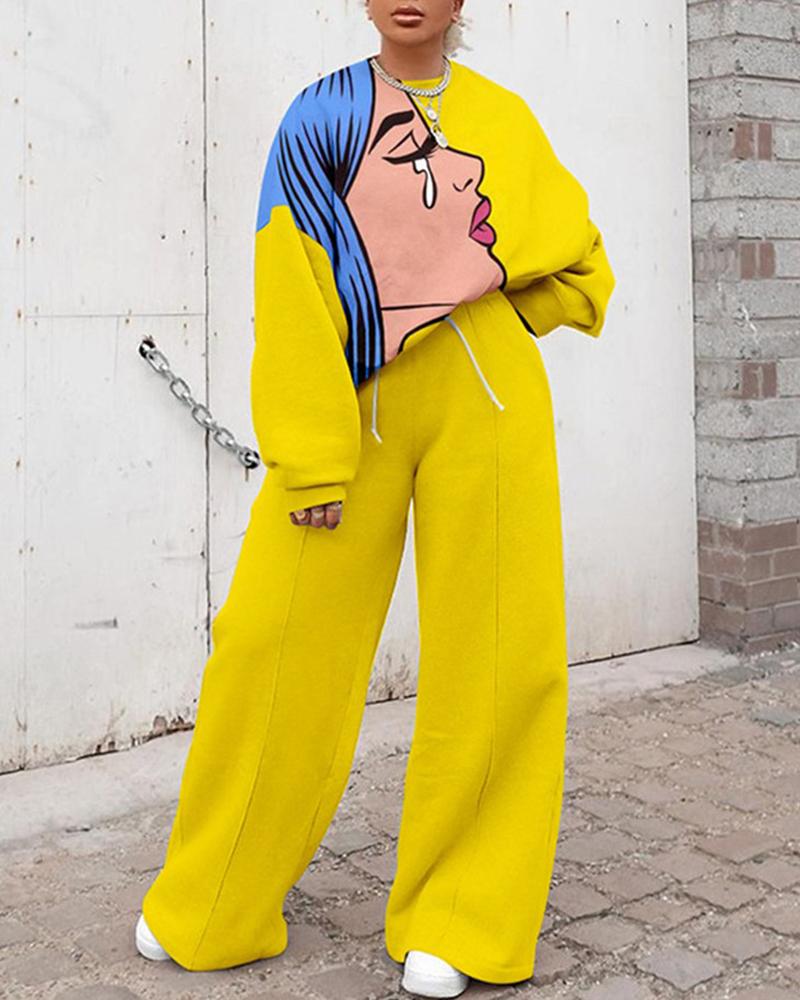 

Figure Print Long Sleeve Sweatshirt & Wide Leg Pants Set, Yellow