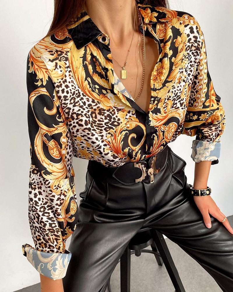 

Baroque Cheetah Print Long Sleeve Buttoned Shirt, Black