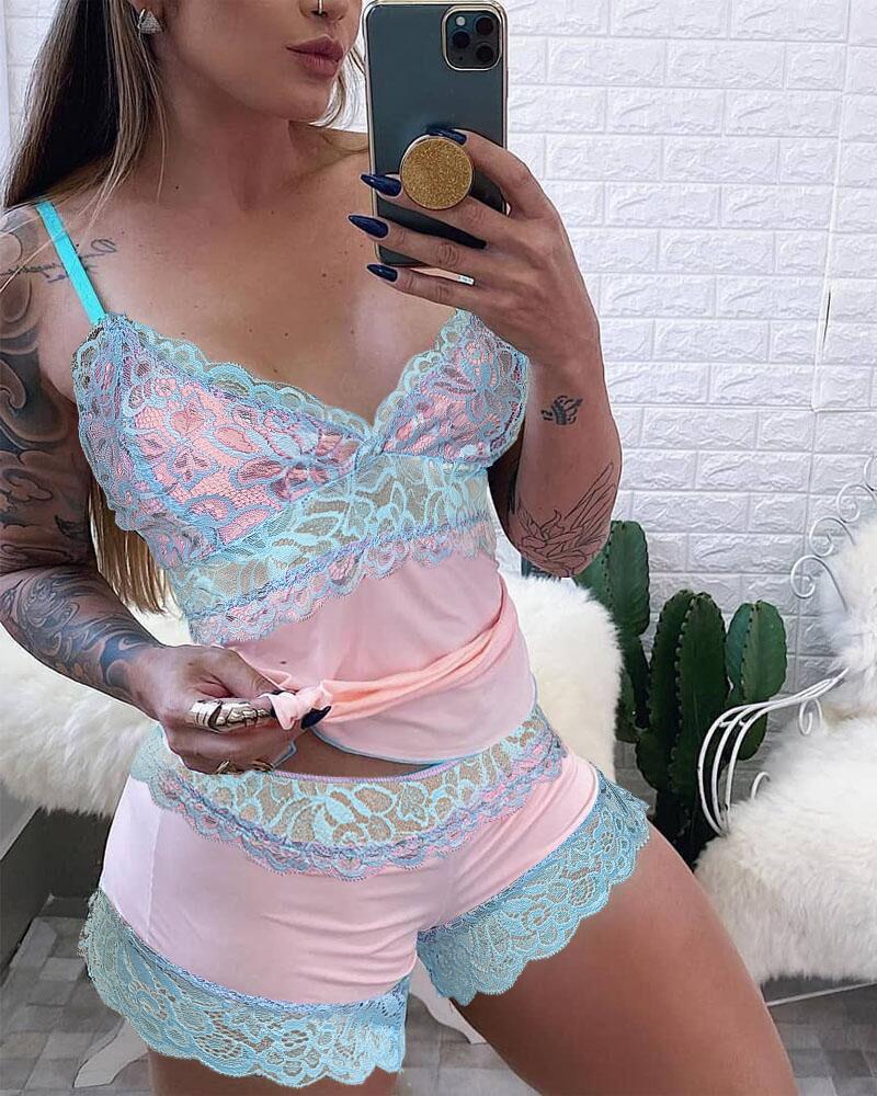 

Contrast Lace V-Neck Cami Set, Lighted blue