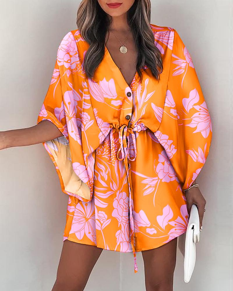 

Plants Print Button Front Drawstring Casual Dress, Orange
