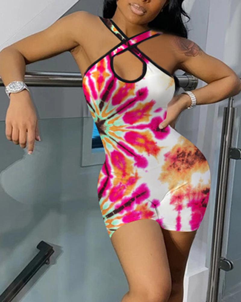 

Cross Halter Floral Print Bodycon Rompers, Hot pink
