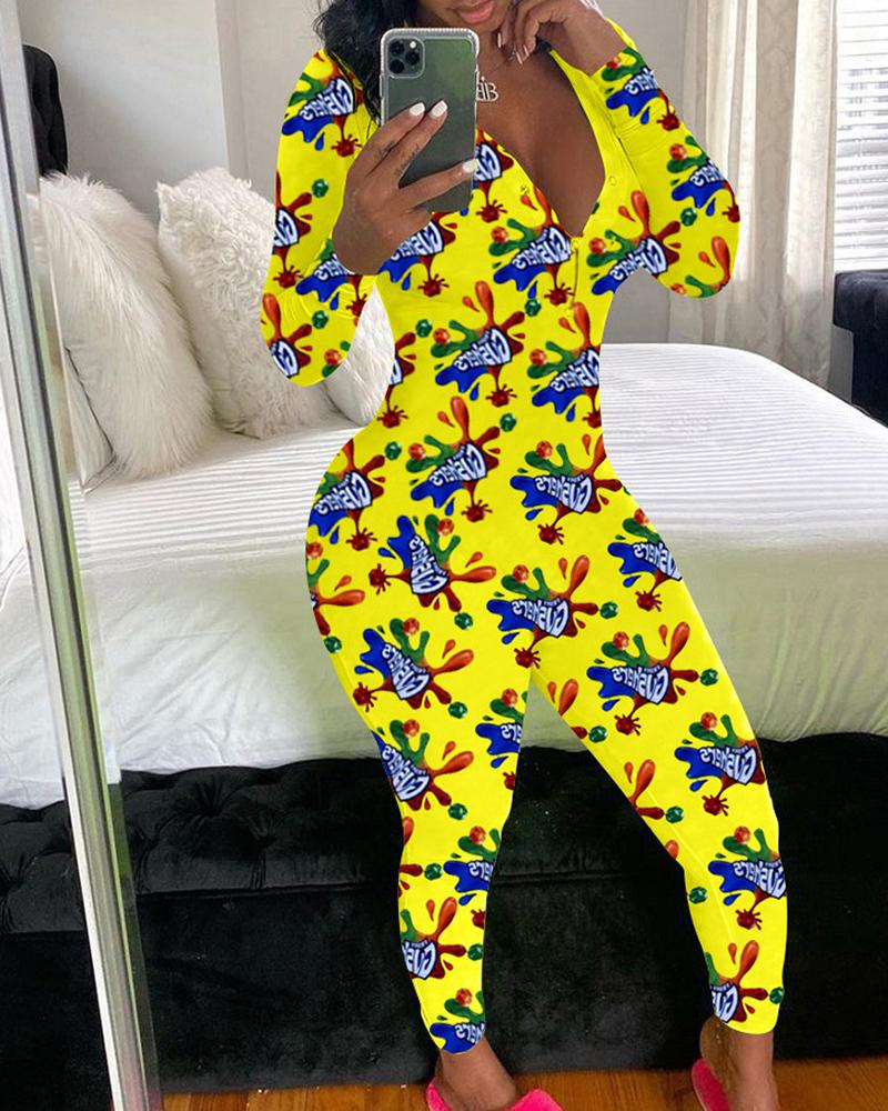 

Butterfly / Cartoon / Heart / Letter Print Buttoned Jumpsuit, Style1