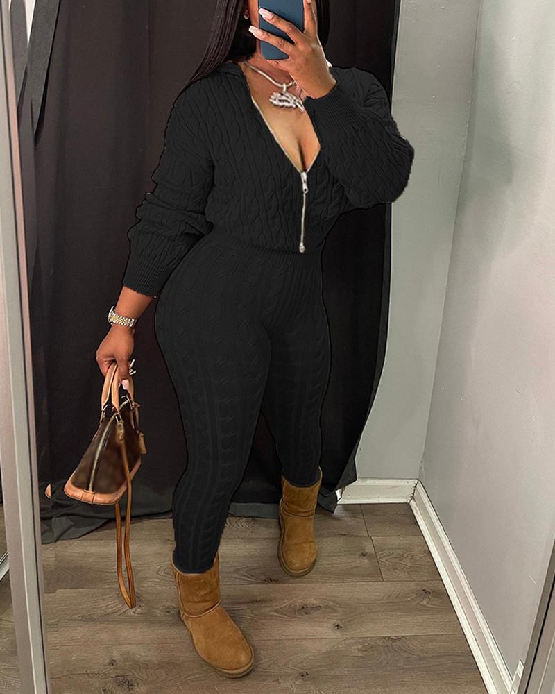 

Long Sleeve Hooded Zip Front Cable Knit Top & Pants Set, Black