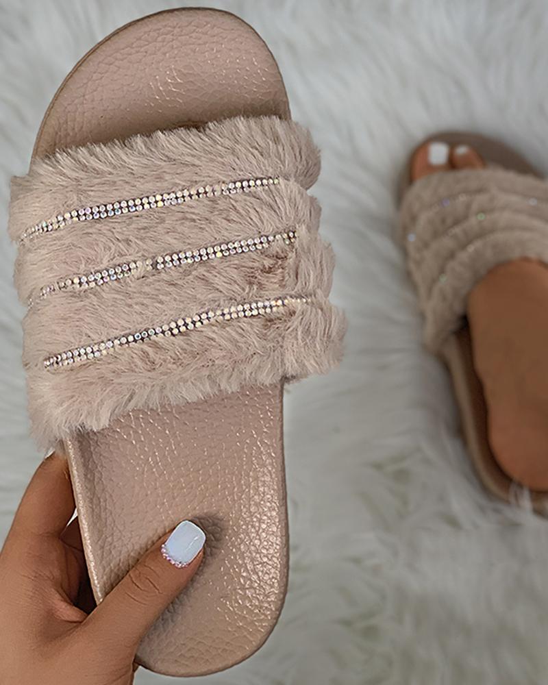 

Studded Fluffy Open Toe Slippers, Khaki