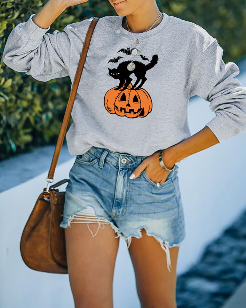

Halloween Cat Pumpkin Bat Print O Neck Sweatshirt, Gray