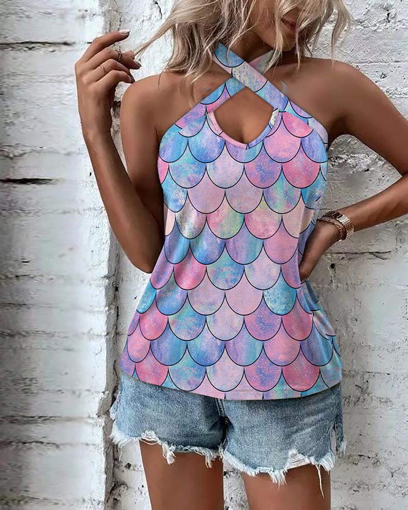 

Fish Scale Print Cross Halter Tank Top, Multicolor