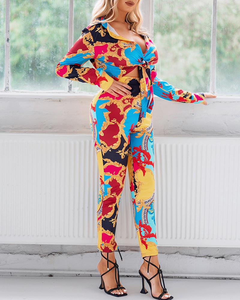 

Scarf Print Long Sleeve Shirt & High Waist Pants Set, Multicolor