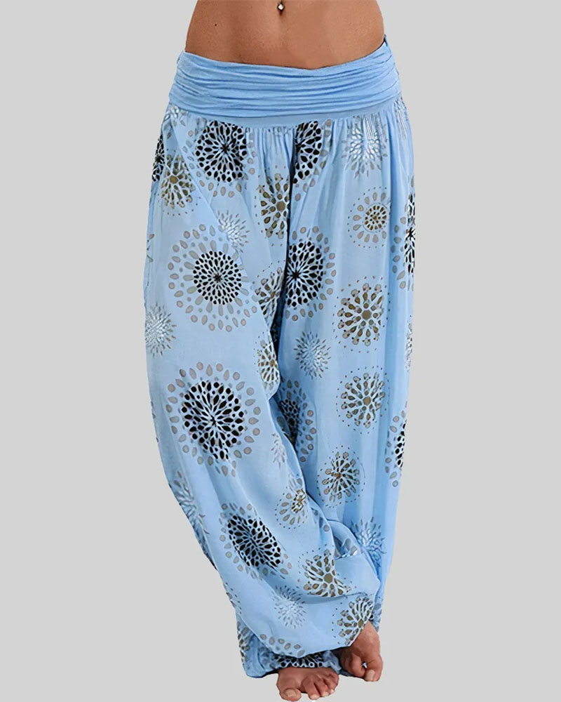 

Allover Print Ruched Low Waist Harem Pants, Lighted blue