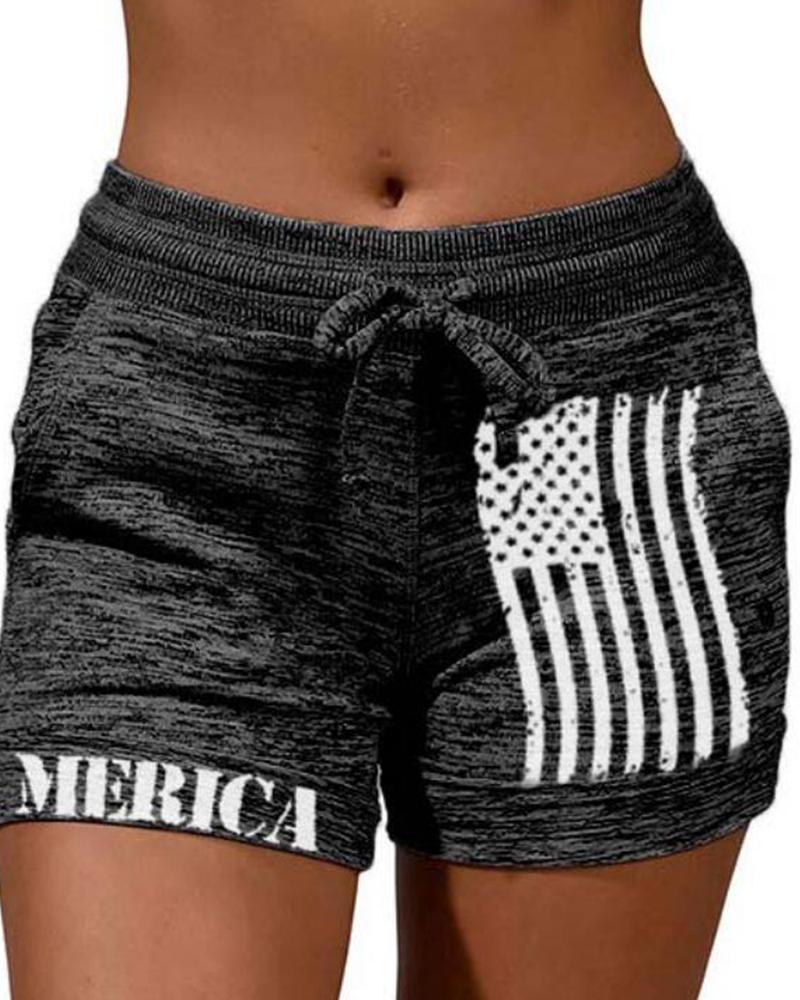 

Solid Color Splicing Flag&Letter Print Drawstring Short Pants, Black
