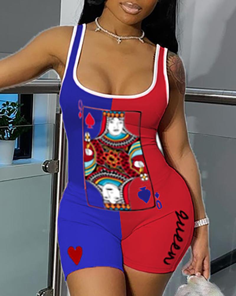 

Thin Strap Colorblock Poker Print Fitted Romper, Dark blue