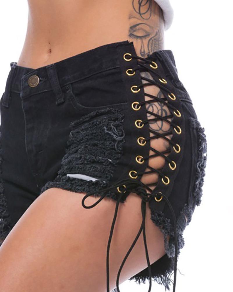 

Eyelet Lace-Up Raw Hem Denim Shorts, Black