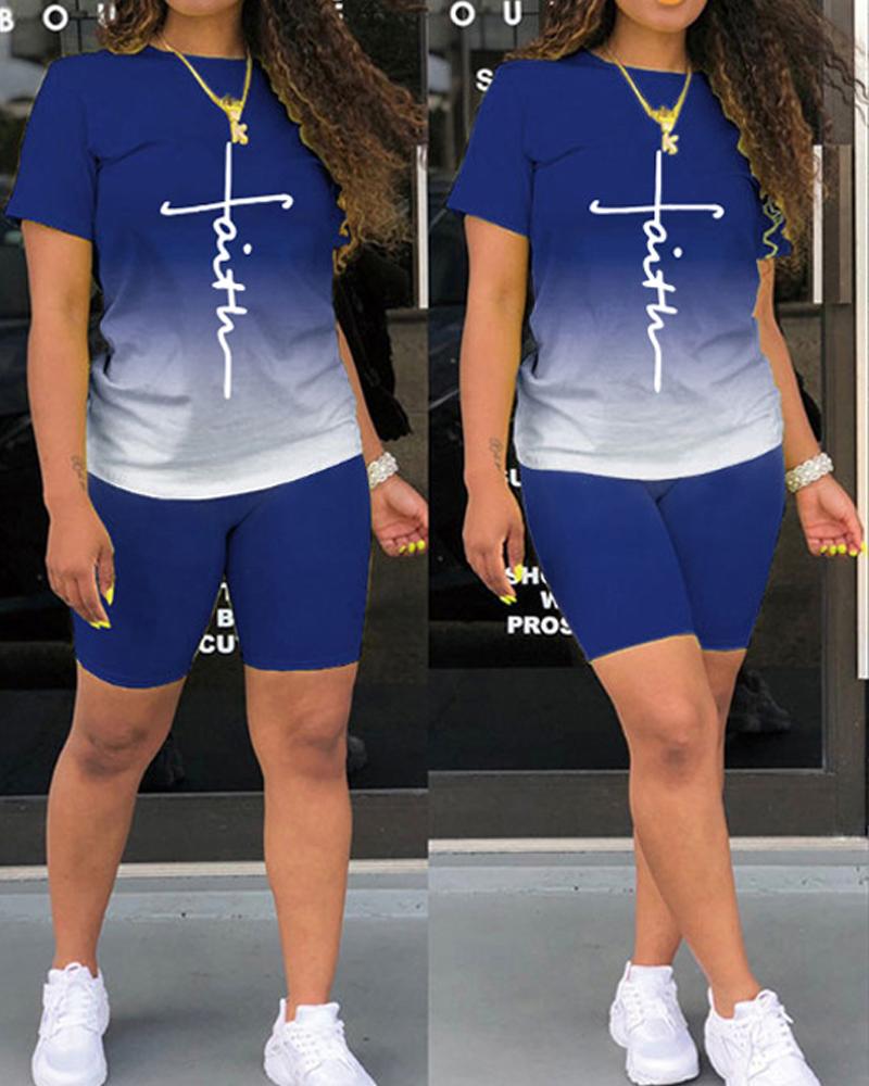 

Letter Print Ombre Casual Top & Shorts Set, Blue
