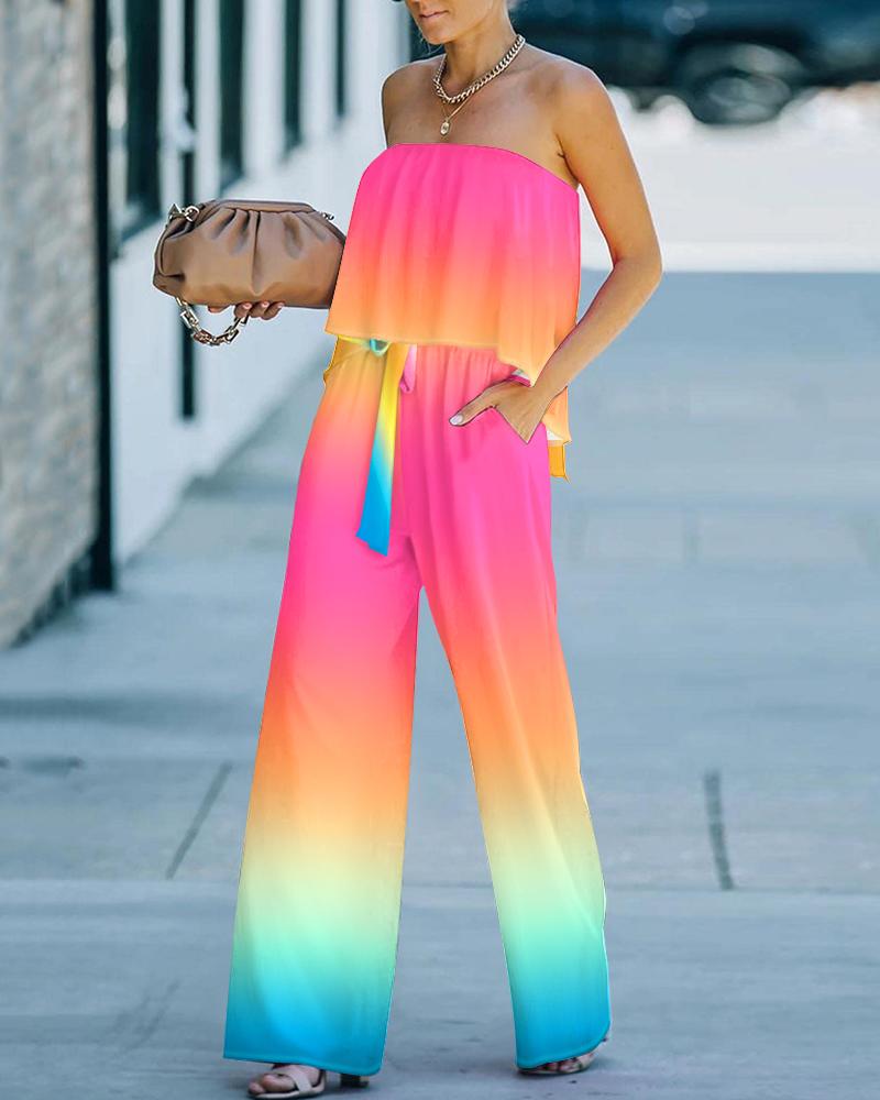 

Ombre Ruffle Hem Strapless Bandeau Jumpsuit, Multicolor