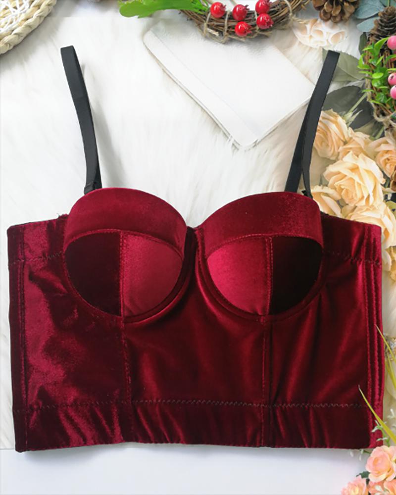 

Velvet Spaghetti Strap V Neck Corset Crop Top, Red
