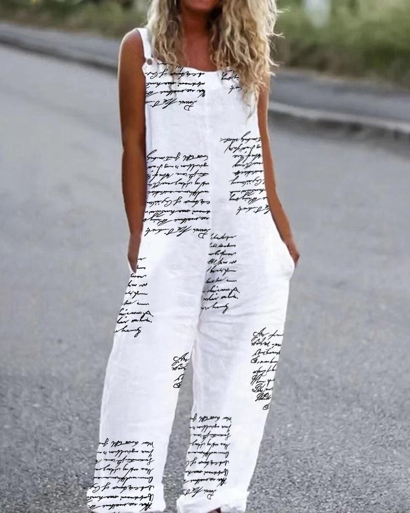 

Letter Print Wide Leg Pocket Design Suspender Jumpsuit, White