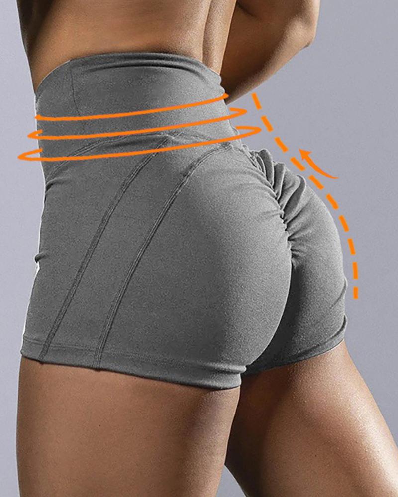 

High Waist Plain Ruched Sporty Yoga Shorts, Gray