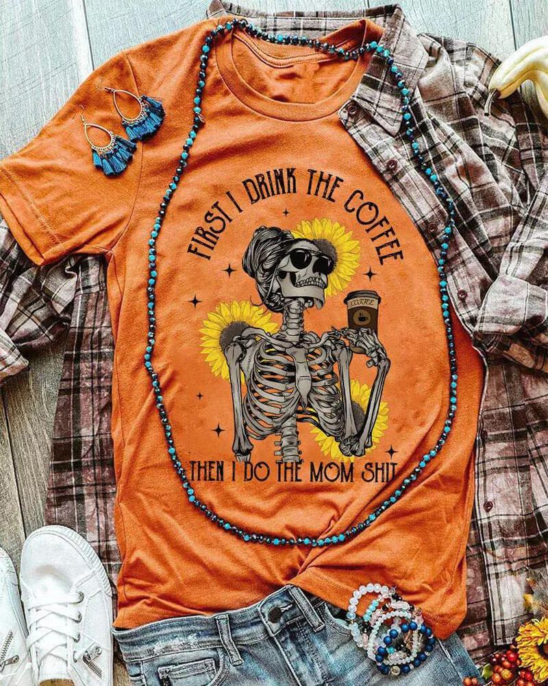 

Halloween Skeleton Sunflower Print Casual T-shirt, Orange