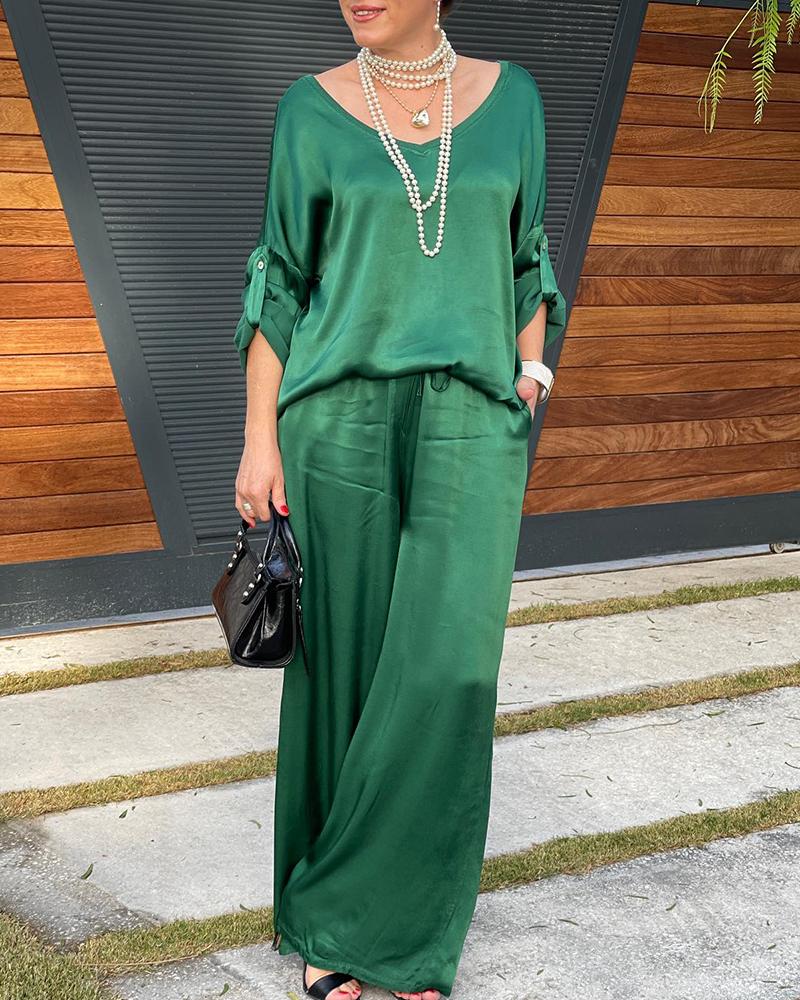

Roll Up Sleeve Satin Top & Wide Leg Pants Set, Green