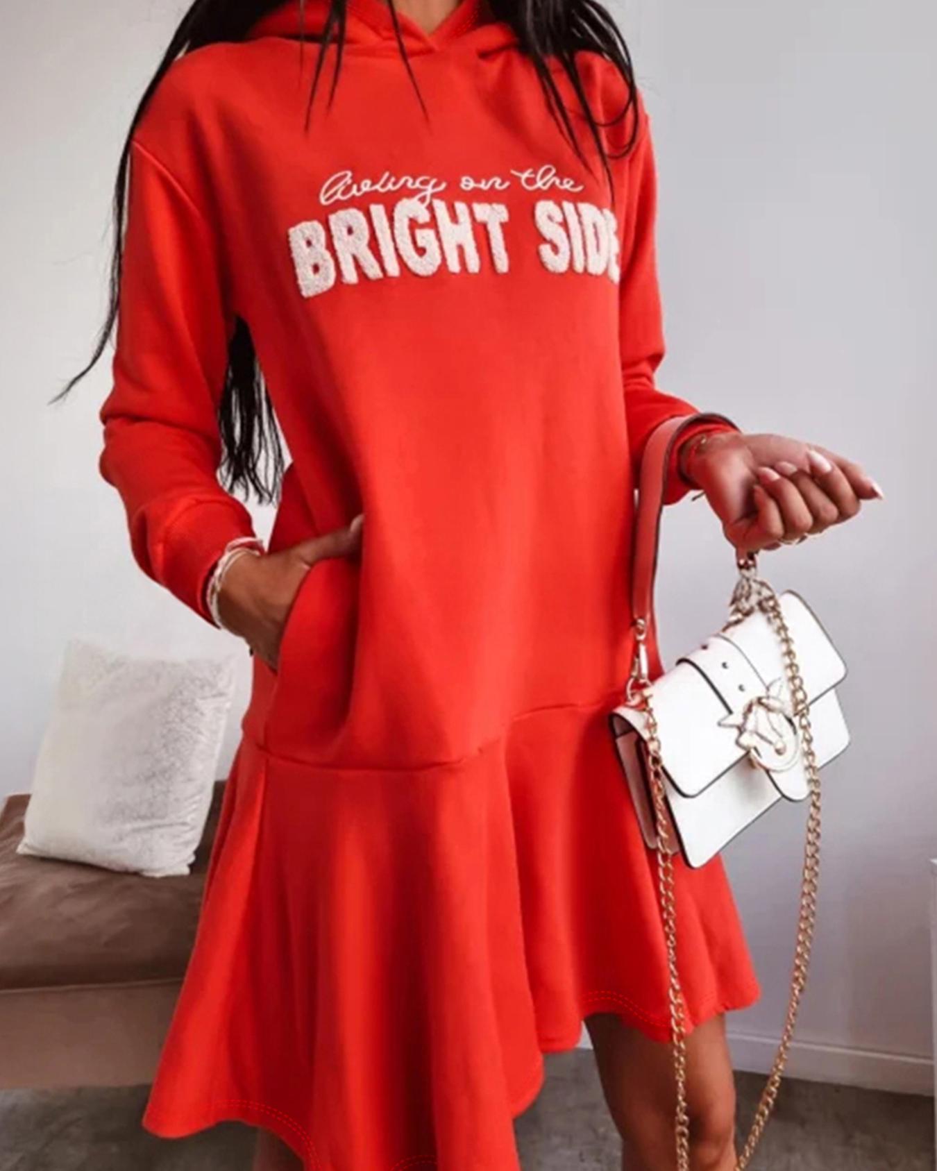 

Vestido informal con capucha y dobladillo con volantes, manga larga y estampado de letras, diseño de bolsillo, Red