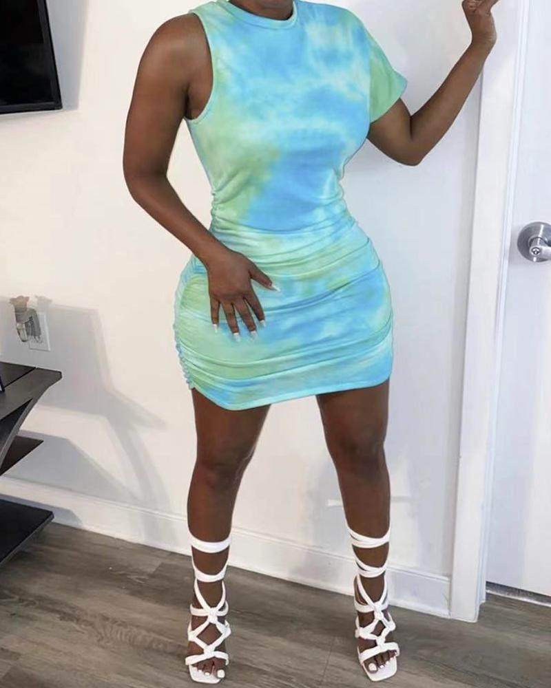 

Tie Dye Sleeveless Skinny Bodycon Mini Dress, Blue