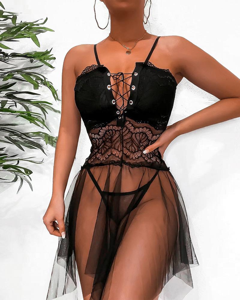 

Crochet Lace Eyelet Lace-up Sheer Mesh Babydoll, Black