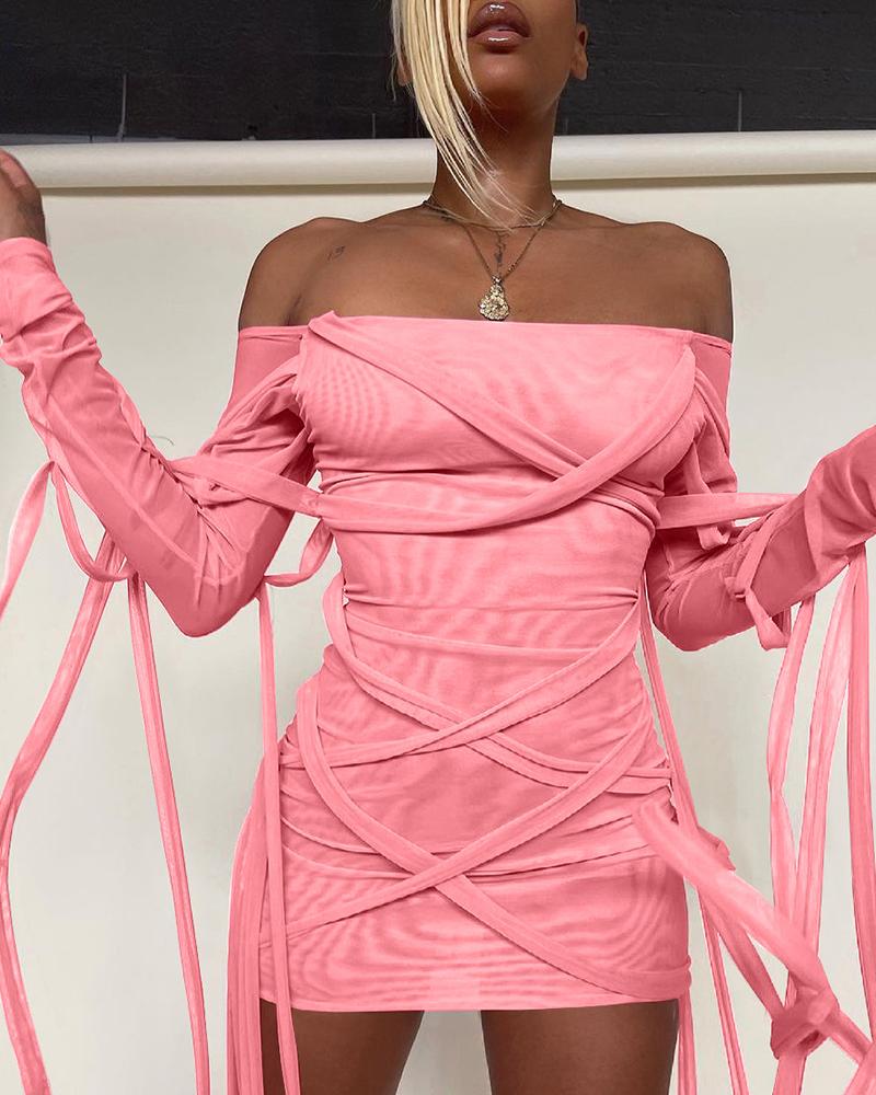 

Off Shoulder Long Sleeve Strappy Bodycon Dress, Pink