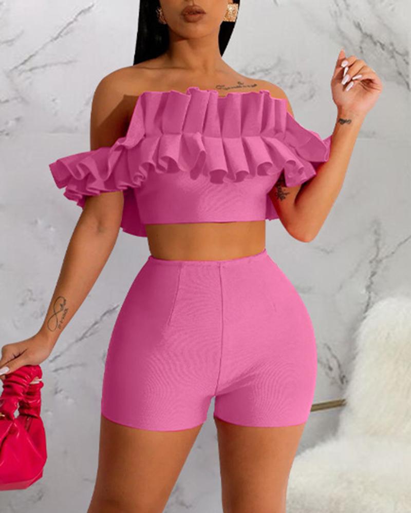 

Ruffle Hem Off Shoulder Crop Top & Shorts Set, Pink