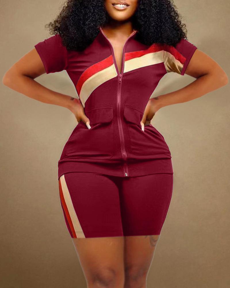 

Striped Zipper Fly Top & Shorts Set, Wine red