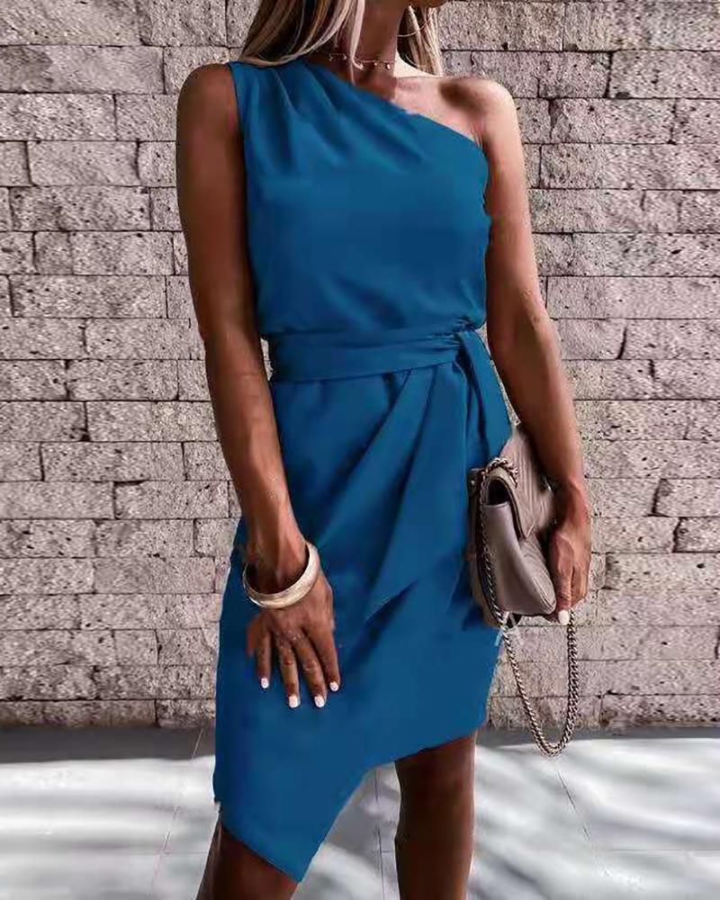 

One Shoulder Tied Detail Irregular Casual Dress, Blue