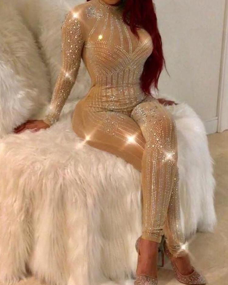 

Glittering Embellished Mesh Skinny Jumpsuit, Beige