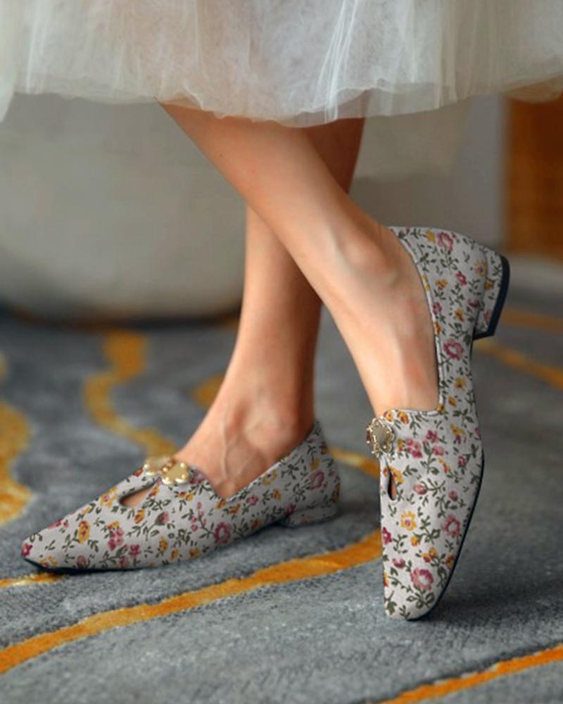 

Pointed-toe Floral Print Splicing Buckles Slip-on, Multicolor