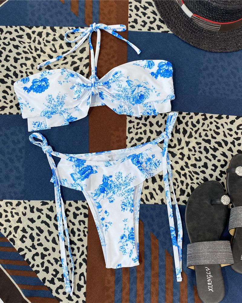 

Floral Print Tied Detail Ruffle Hem Bikini Set, Blue