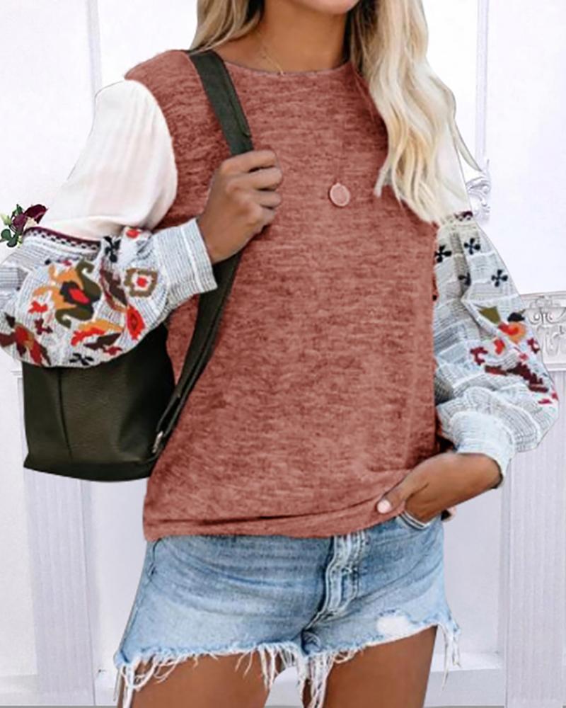 

Lantern Sleeve Birds Print Colorblock Casual Sweatshirt, Pink