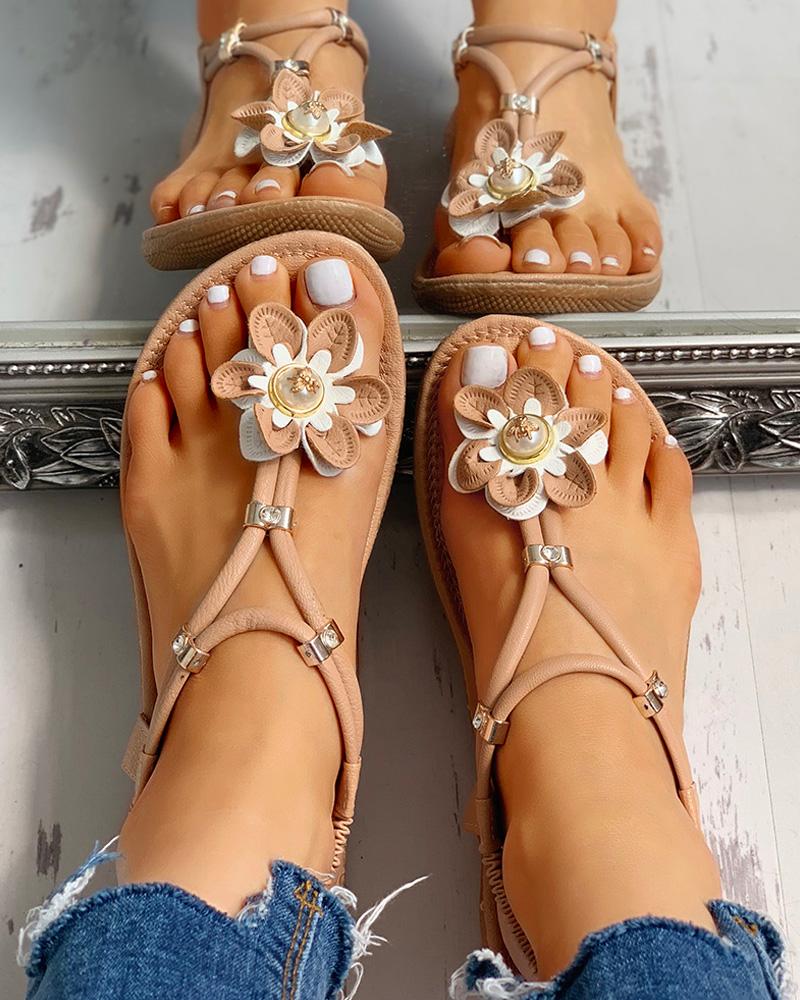 

Flower Embellished Toe Post Flat Sandals, Brown