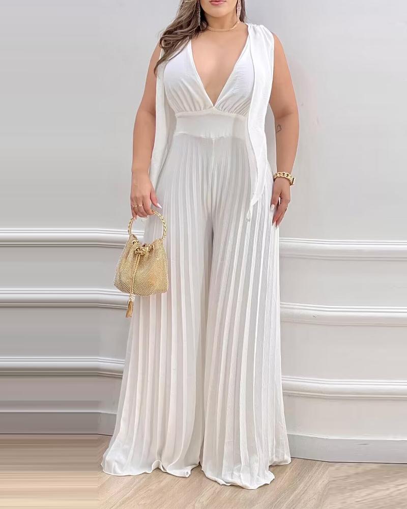 

Deep V-Neck Pleated Wide Leg Jumpsuit, White