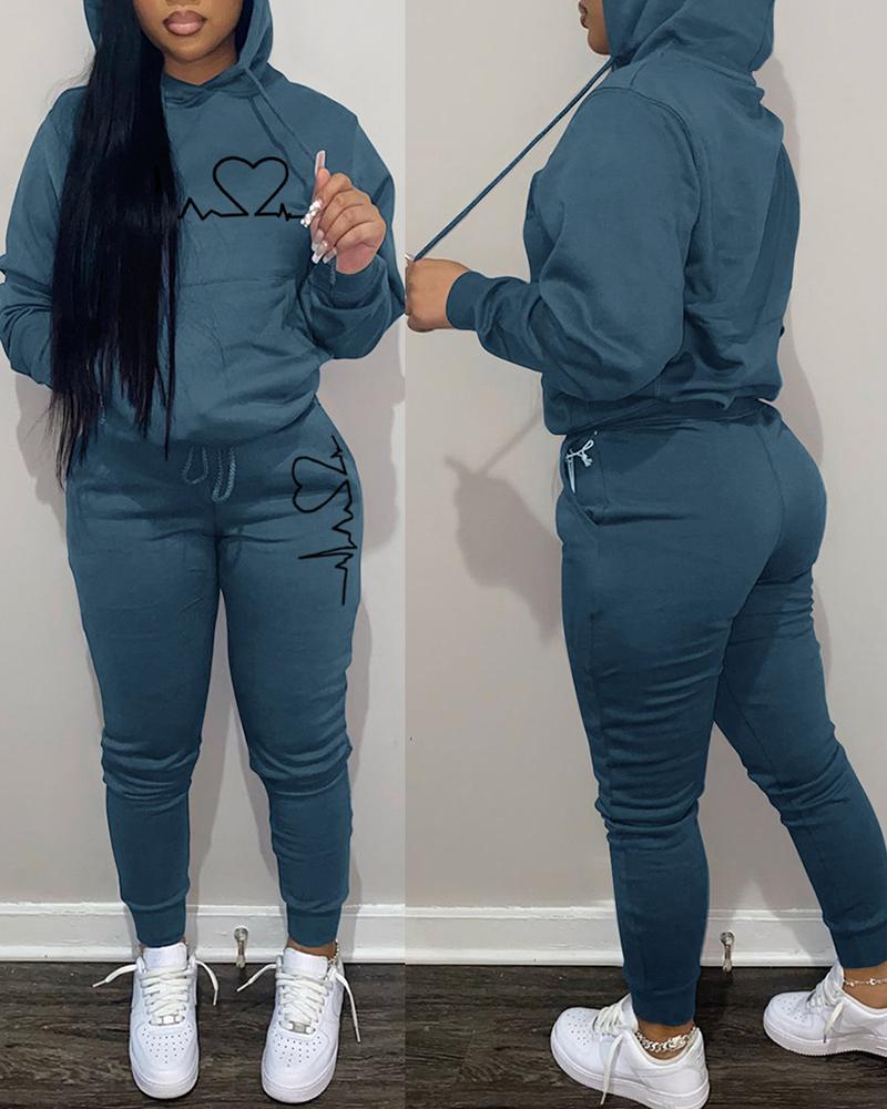 

Heart Print Pocket Design Hoodie & Pants Set, Blue
