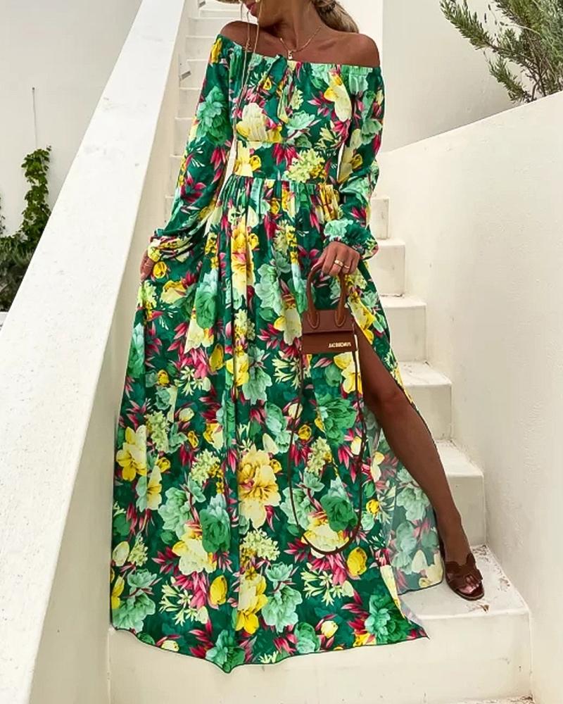 

Floral Print Off Shoulder Slit Maxi Dress, Green